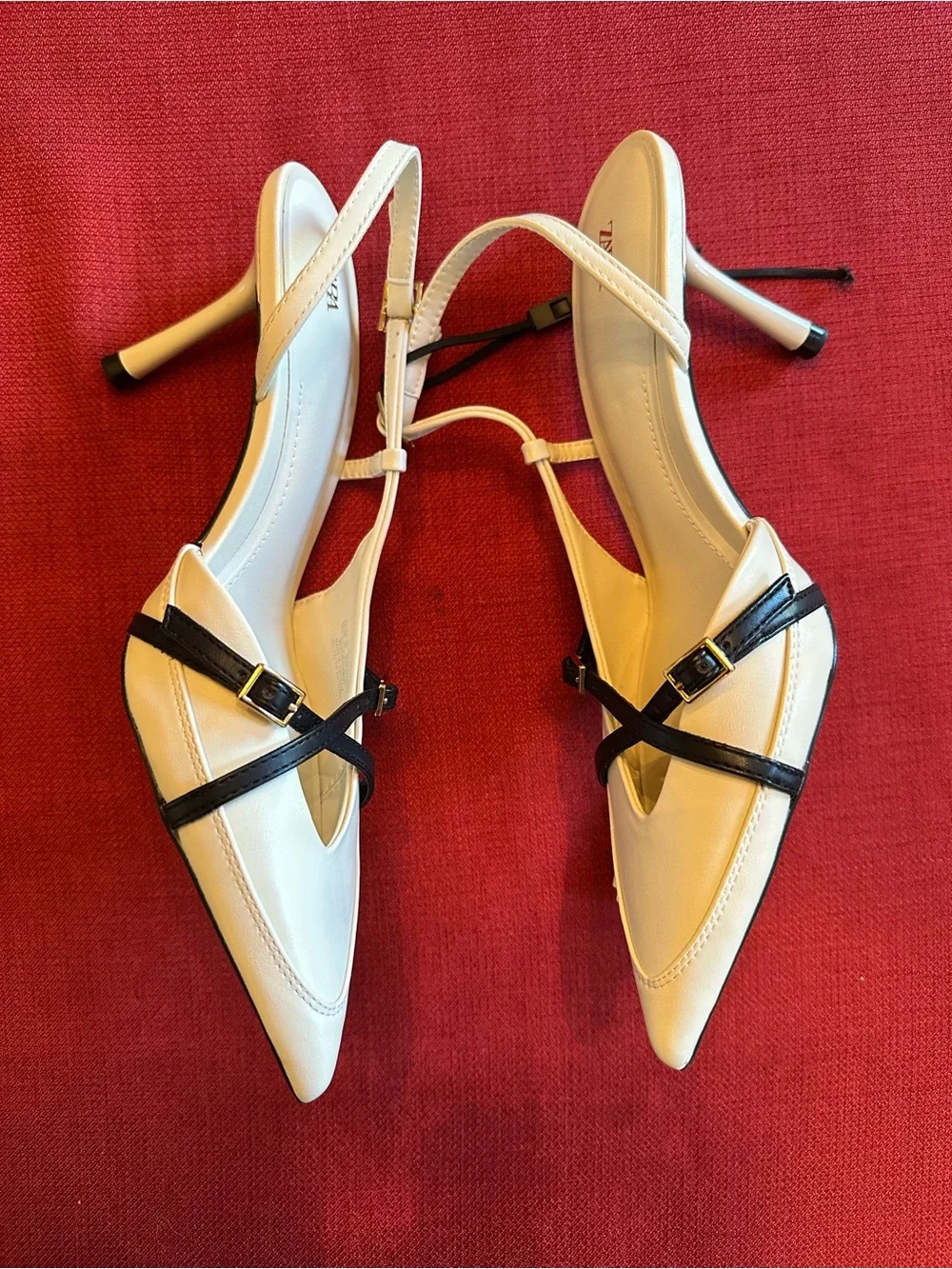 Zara Cream and Black Pointed Slingback Pumps with Buckle Strap NWT 7.5